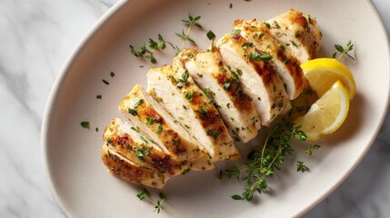 Sliced grilled chicken breast garnished with thyme and lemon. Perfectly cooked and tender. Ideal for a healthy meal or dinner. Presenting a home-cooked style. AI