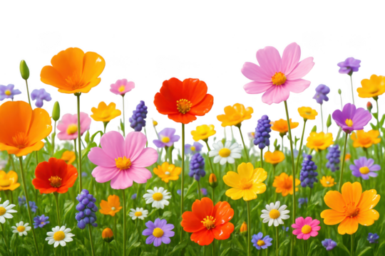 Colorful flowers in meadow display here isolated illustration on transparent background