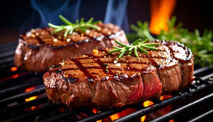 Two succulent steaks, beautifully seared on a hot grill, with rosemary sprigs adding a touch of freshness.