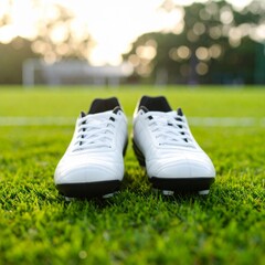 White athletic sports shoes placed on the lawn, ready for a match