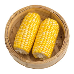 Freshly steamed sweet corn cobs in bamboo basket on transparent background
