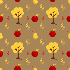Seamless autumn pattern with trees and apples on a beige background