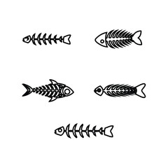 Black fish skeleton icons set, symbolizing seafood icons, fish bone logo, fish skeleton logo icon, vector illustration EPS 10.