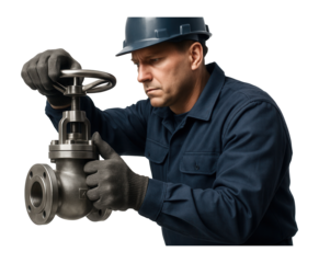 Industrial worker operating a globe valve.