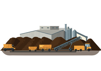 Industrial composting facility with trucks delivering and conveying materials. A detailed illustration showcasing a modern waste management process. Clean, graphic style.