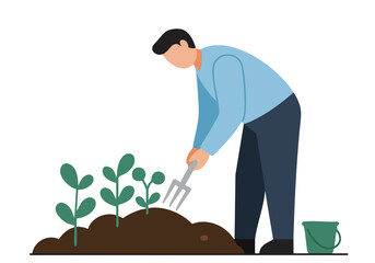 A man inspects a compost pile in a garden, adding water with a watering can.  Healthy plants grow nearby.  Illustrative style, vibrant colors. © Vector Factory