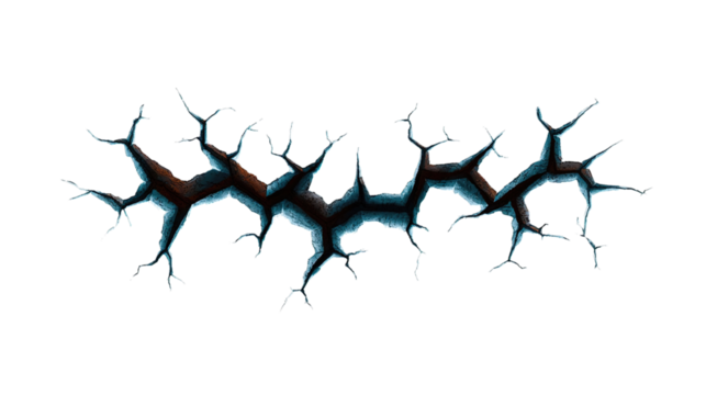 A jagged, dark crack isolated on a transparent background, representing damage or a fracture in a surface.