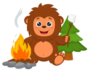 Chibi Bigfoot Sitting with Marshmallow Stick, Campfire Theme, Transparent PNG