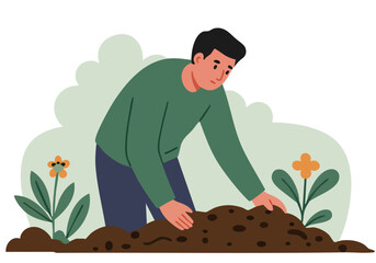 A young man tending to a flowerbed, embodying growth and care.  Illustrative style, vibrant green tones, peaceful scene. Suitable for lifestyle and nature themes.