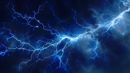 Abstract blue lightning background with powerful thunderstorm in the dark sky, electric energy concept and dynamic atmosphere