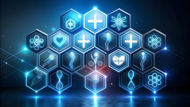 Abstract futuristic digital network of glowing blue hexagonal icons representing medical and scientific concepts, symbolizing healthcare technology, data, and innovation in a connected world