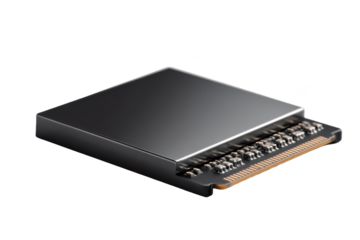 High-angle view of a dark grey solid-state drive. Exposed pins, black background