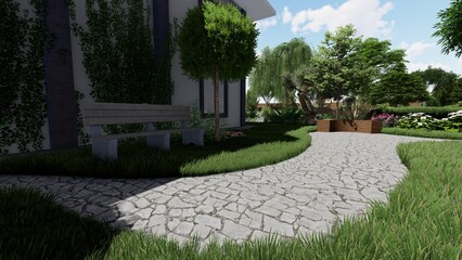 Obraz premium 3d image of the landscape design of the home territory. Landscaping of the territory. Computer visualization of composite landscaping and landscaping solutions.