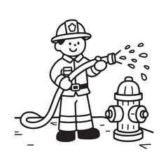 A firefighter holding a hose from which water is spraying at high pressure silhouette vector design. 