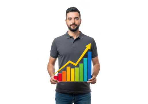 Man holding a colorful financial growth chart isolated on transparent background - Powered by Adobe
