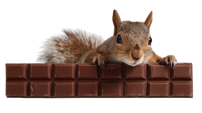 Squirrel's Chocolate Craving A Cute Rodent Perched on a Chocolate Bar Against a Transparent Backdrop
