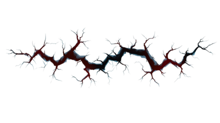 A jagged, dark crack isolated on a transparent background, representing damage or a fracture in a surface.