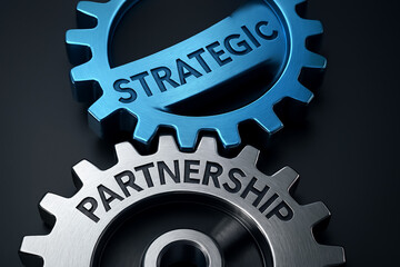 Interlocking Gears with &ldquo;Strategic&rdquo; and &ldquo;Partnership&rdquo; Labels &ndash; Symbolic Image of Collaboration, Mutual Benefit, and Business Alliance