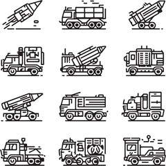 Missile Truck black Line Editable Icons set