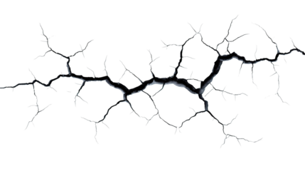 A detailed closeup of a black crack on a transparent background, isolated on transparent background.