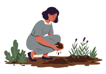 A woman analyzes soil in a garden, carefully examining the texture. A serene and practical scene highlighting nature and gardening. Soft colors and a focus on detail.