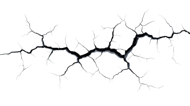 A detailed closeup of a black crack on a transparent background, isolated on transparent background.