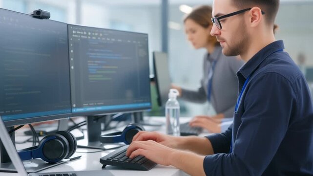 Focused Software Engineer Coding on Dual Monitors in High-Tech Corporate Office