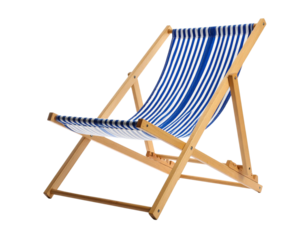 Classic Wooden Deckchair with Blue Striped Fabric, Front View, Transparent PNG