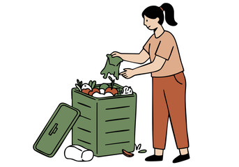 A woman organizes a compost bin, showcasing sustainable practices. Clean lines and a muted color palette create a modern, minimalist aesthetic. Focus on the action of maintaining the bin.