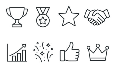 Minimalist achievement icons: trophy, medal, star, handshake, graph, confetti, thumbs up, crown