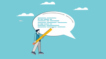 written communication, businessman writing communication message on speech bubble, communicate via message or text, Email writing skill for career success, make online newsletter for company promotion