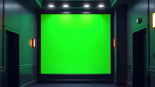 Movie theater poster with green screen in cinema hallway, empty corridor, cinematic lighting, photorealistic 4K