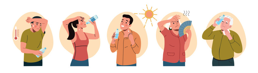 Set of people suffering from heat. Hot summer weather. Vector cartoon flat style illustration