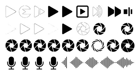 Collection of Play, Camera Aperture, Microphone, and Sound Wave Icons