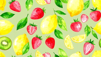 A vibrant and cheerful fruit pattern features bright yellow lemons, juicy red strawberries, and vibrant kiwi fruits, all rendered in a playful watercolor style on a pale green background.