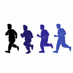 Marathon running with family members in silhouette isolated on white background, group of running people, men, women and children, isolated vector silhouettes.