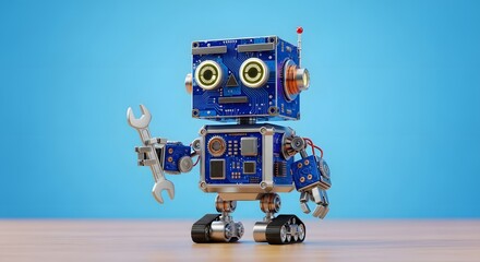 Fototapeta premium Cute Blue Robot Mechanic Holding Wrench Digital 3D Render