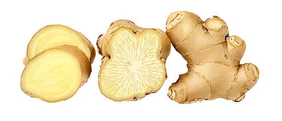 Ginger root, fresh ginger slices, vibrant green leaves isolated on white background, front view, no depth of field, sharp 
