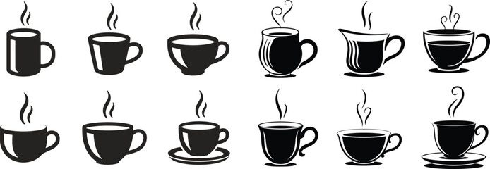 Elegant set of steaming coffee cup silhouettes in black and white featuring mugs, teacups, and artistic hot drink designs for café branding.