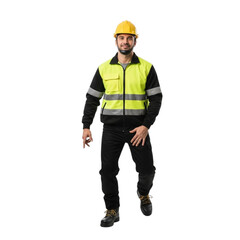 Man wearing high visibility safety jacket and hard hat for construction and industrial workwear apparel on transparent background