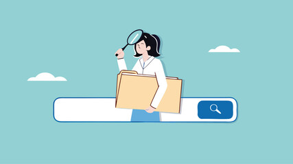 find new job or explore website concept, looking for job vacancies, browse the internet to get information, search concept, woman looking for job information in the search box using magnifying glass
