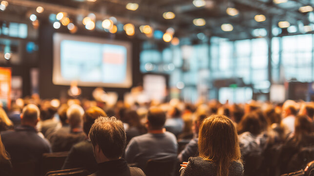 Large group of businesspeople attending a presentation in a modern conference hall