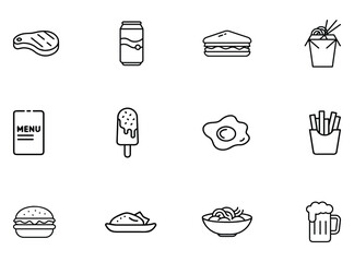 A minimal line icon set featuring food and drink items including steak, soda, sandwich, noodles, menu, ice cream, fried egg, French fries, burger, rice dish, pasta bowl, and beer mug. Perfect for rest