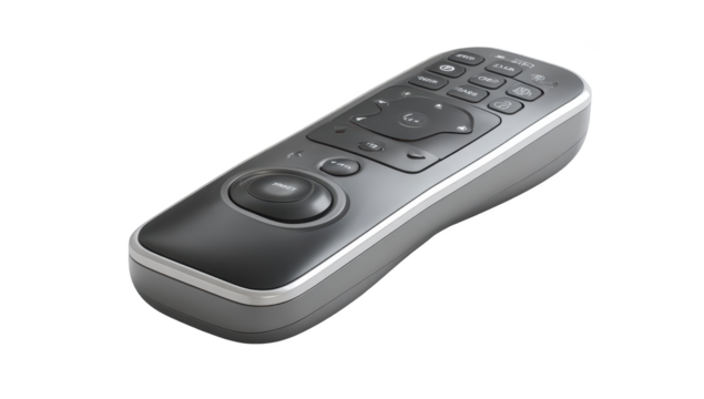 Sleek, dark gray and silver remote control with multiple buttons and a central control - Powered by Adobe