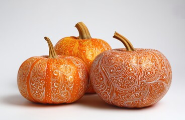 Artistic pumpkins with painteswirling white ornament lines, arranged for seasonal autumn decoration, perfect for creative Halloween design, stylish greeting compositions, and festive fall backgrounds.