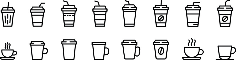 Vector set of coffee cup icons with straws, mugs, hot drinks, and takeaway cups in modern minimalist line art style.