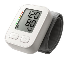 Digital blood pressure monitor displaying normal readings.