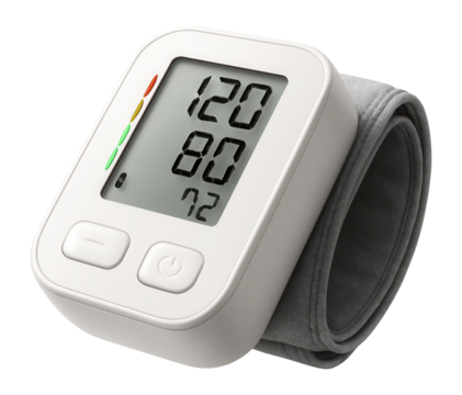 Digital blood pressure monitor displaying normal readings.