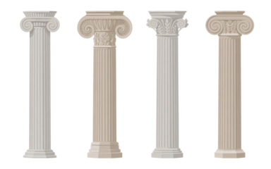 Four classical architectural columns against on transparent background