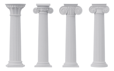 Four classical architectural columns on transparent background